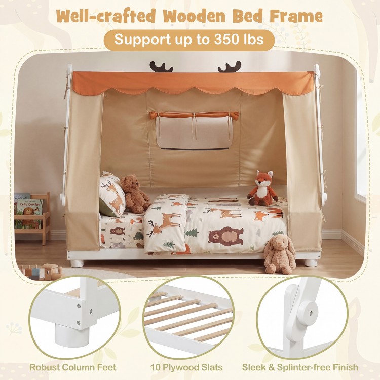 Twin size wooden bed frame with removable tent, antler design, and protective side rails for children's safety and fun.
