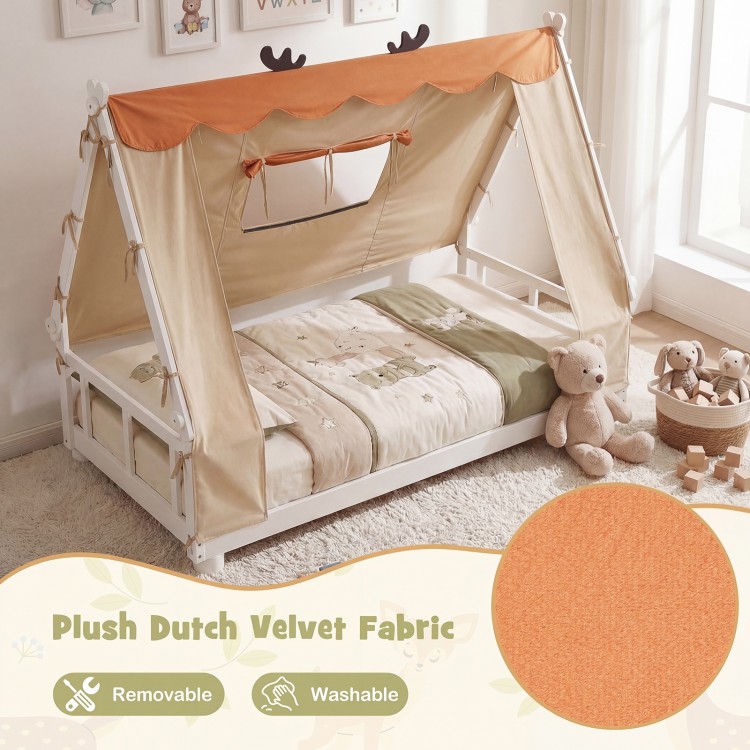 Twin size wooden bed with removable plush tent, antler theme, and protective side rails for a cozy children's sleep.