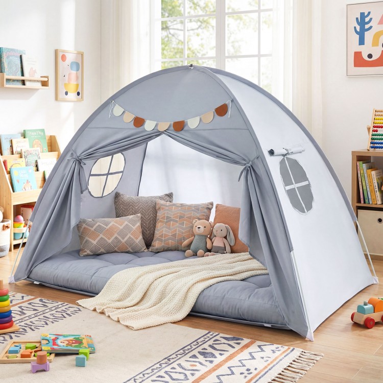 Twin size indoor canopy tent for kids in grey with two windows, perfect for playrooms or sleepover adventures.