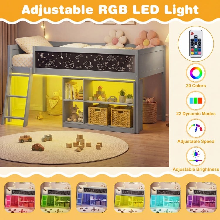 Twin size kids loft bed in gray with adjustable RGB LED lights and removable bookcase for versatile storage and.