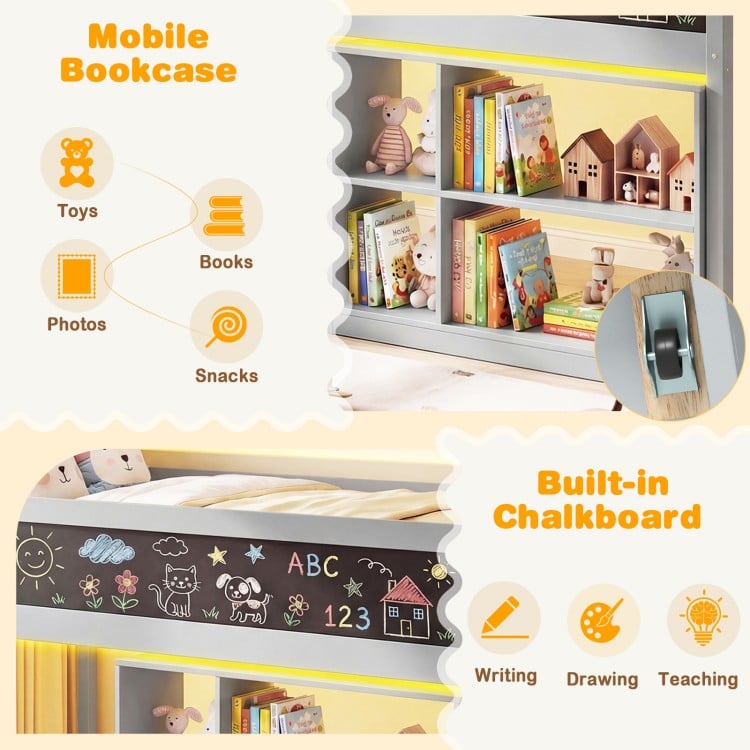 Mobile bookcase with books and toys, featuring a built-in chalkboard for creative activities in a kids' loft bed.