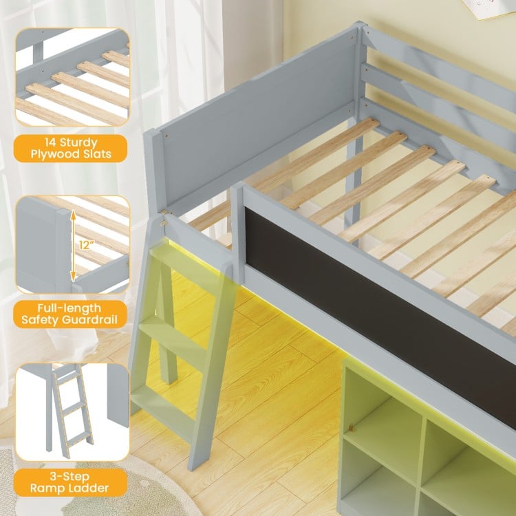 Twin size kids loft bed in gray with removable bookcase, safety guardrail, and 3-step ramp ladder for easy access.