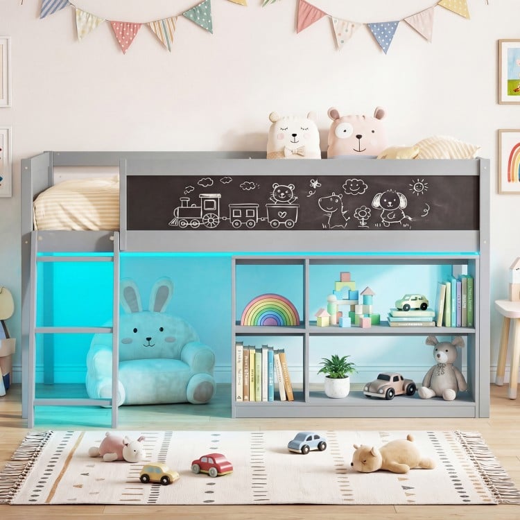 Twin size kids loft bed in gray with LED lights, removable bookcase, and chalkboard for creative play and storage.