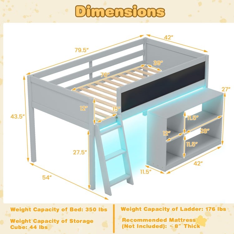 Twin size kids loft bed in gray with LED lights, removable bookcase, and safety guardrail for secure sleeping.
