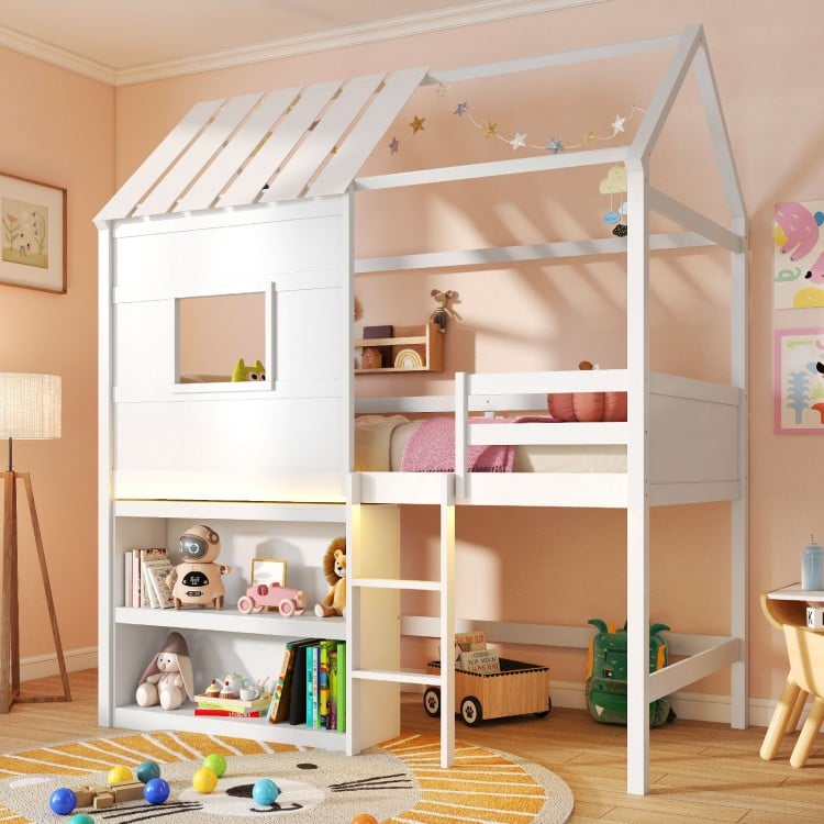 Twin size loft bed in white with LED lights, roof, window, and integrated bookshelf for kids' rooms.