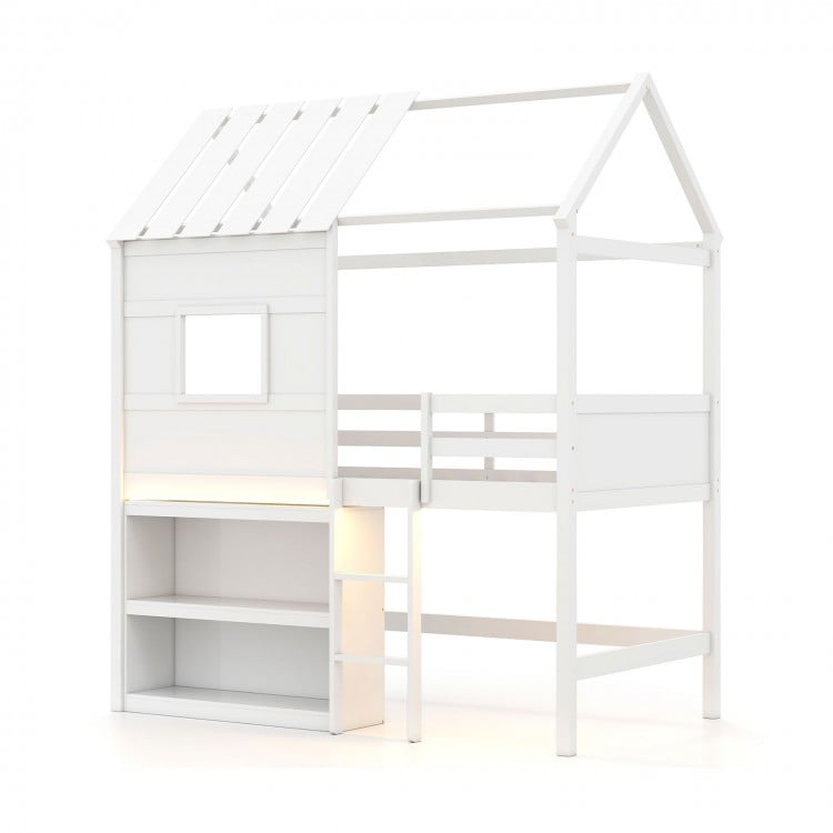 Twin size loft bed in white with a roof and window, featuring a secure ladder and integrated bookshelf for kids’ rooms.