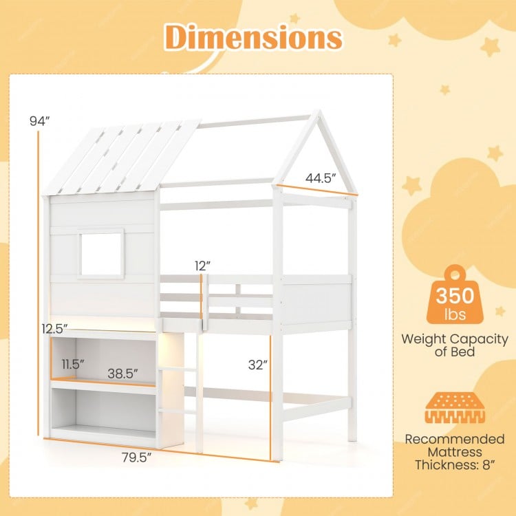 Twin size loft bed with LED lights, roof, window, and integrated bookshelf, dimensions 94"x79.5"x44.5", 350 lbs.