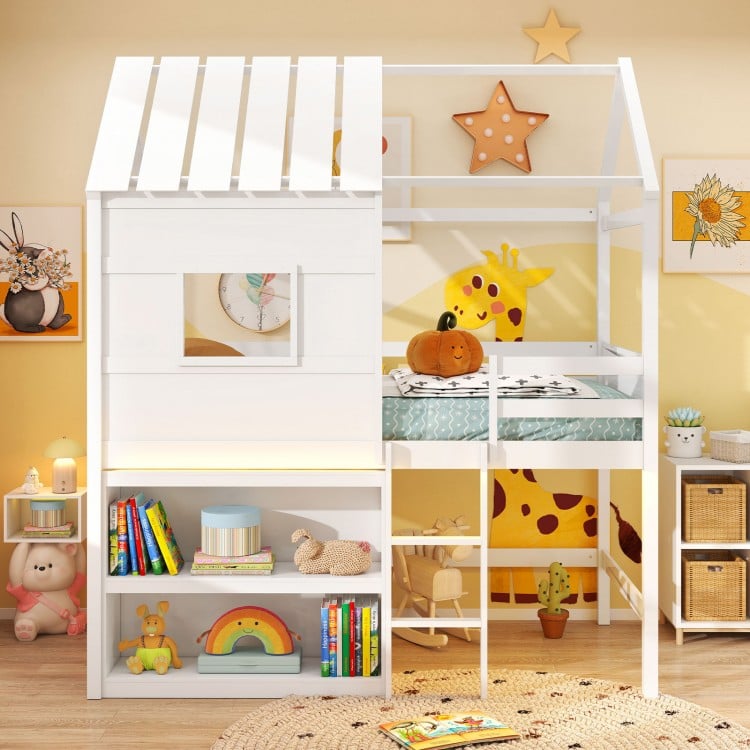 Twin size loft bed with roof and window, featuring LED lights and integrated bookshelf for a fun, organized space.