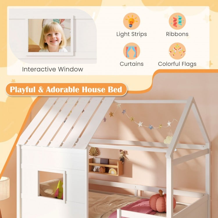 Twin size loft bed in white with interactive window, LED lights, and integrated bookshelf for kids' playful bedroom.