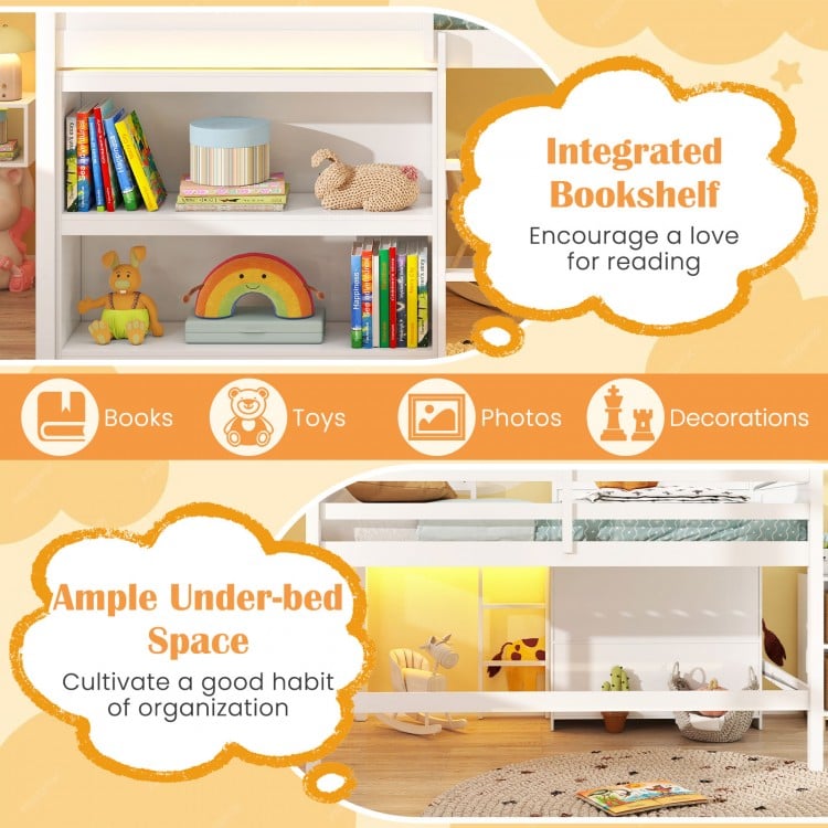 Twin size loft bed in white with integrated bookshelf, LED lights, and ample under-bed storage for organization.