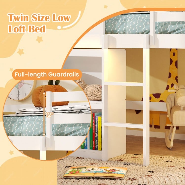 Twin size loft bed in white with full-length guardrails, integrated bookshelf, and LED lights for a cozy children's.