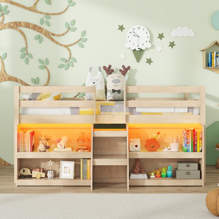 Twin size loft bed in natural wood with LED lights, safety guardrail, and staircase, featuring ample storage space.