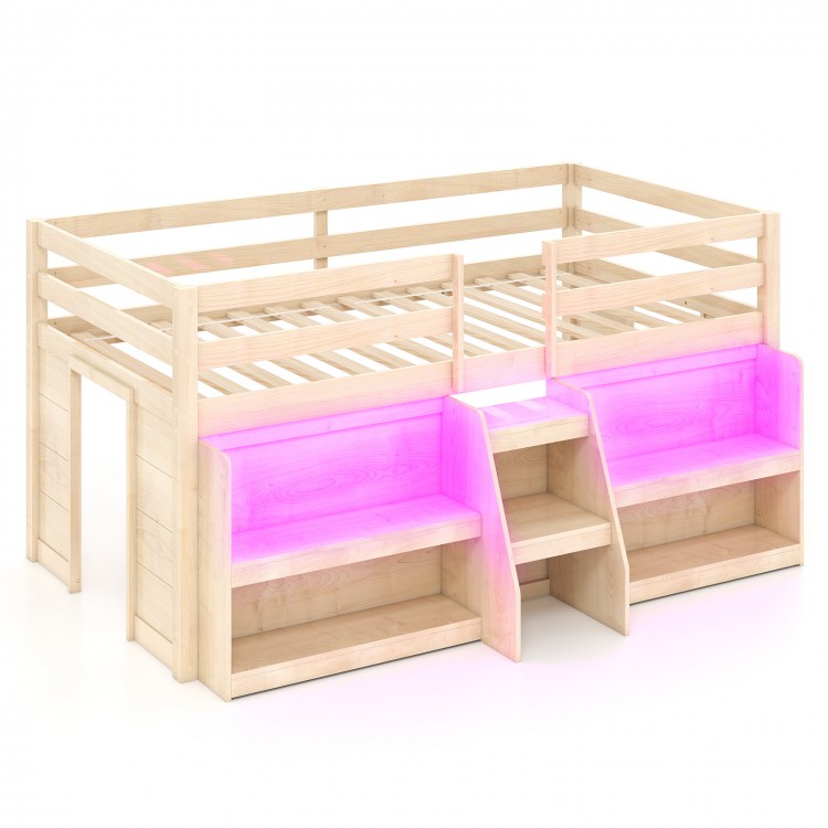 Twin size loft bed with LED lights, staircase, safety guardrail, and two bookshelves for storage in natural wood finish.