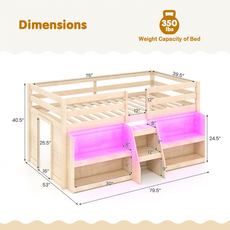 Twin size loft bed with LED lights, staircase, safety guardrail, and dimensions for optimal space and storage.