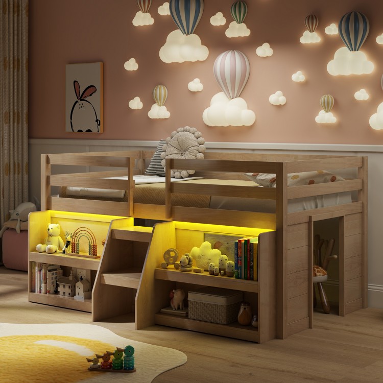 Twin size loft bed with LED lights and safety guardrail, featuring a cozy design and two wide steps for easy access.