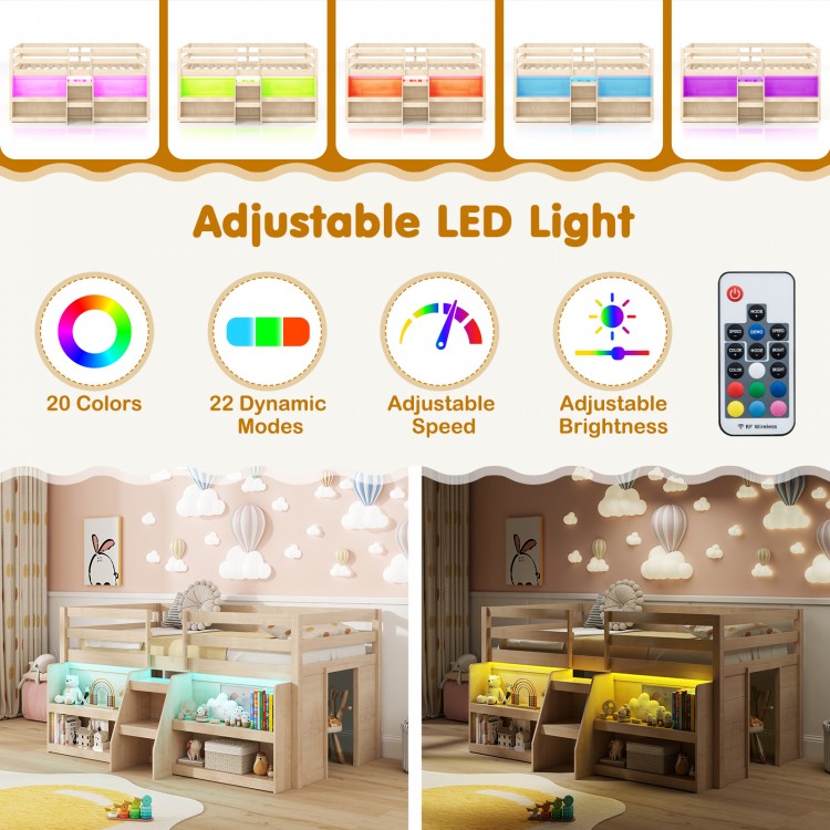 Twin size loft bed with adjustable LED lights, safety guardrail, and staircase, perfect for kids' rooms and storage.