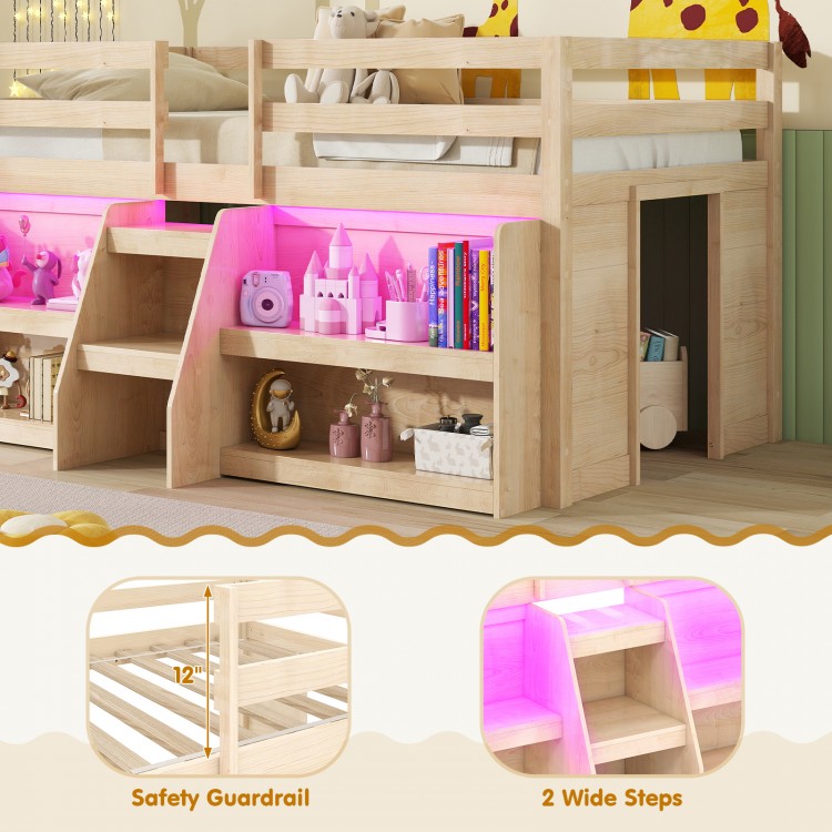 Twin size loft bed with LED lights, safety guardrail, and wide staircase, featuring under-bed storage and wooden frame.