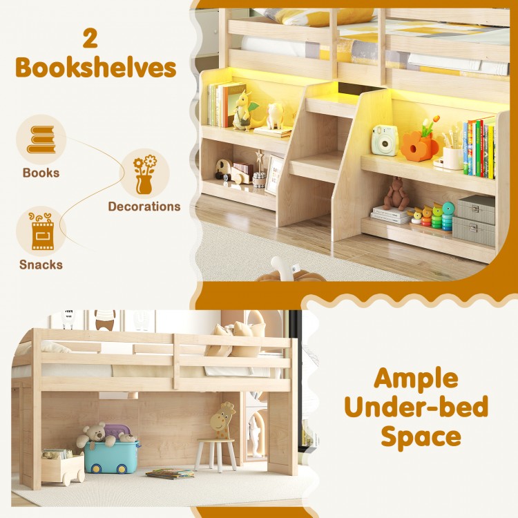 Twin size loft bed with staircase, LED lights, two bookshelves, and ample under-bed storage for a cozy bedroom setup.