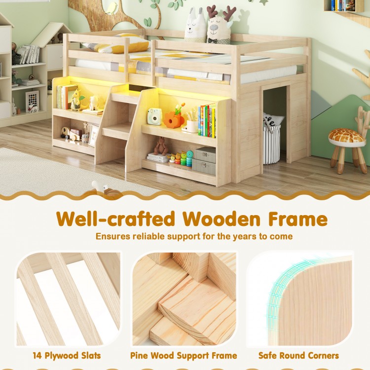 Twin size loft bed in natural wood with LED lights, staircase, safety guardrail, and under-bed storage for kids.