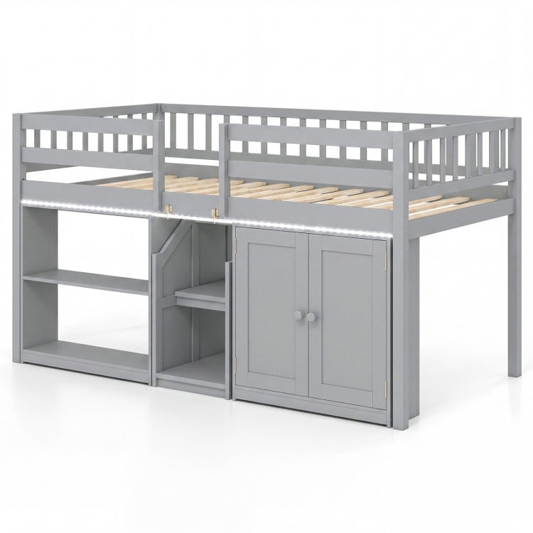 Side view of twin size gray loft bed with wide ladder, guardrails, and spacious under-bed area for kids' play and.