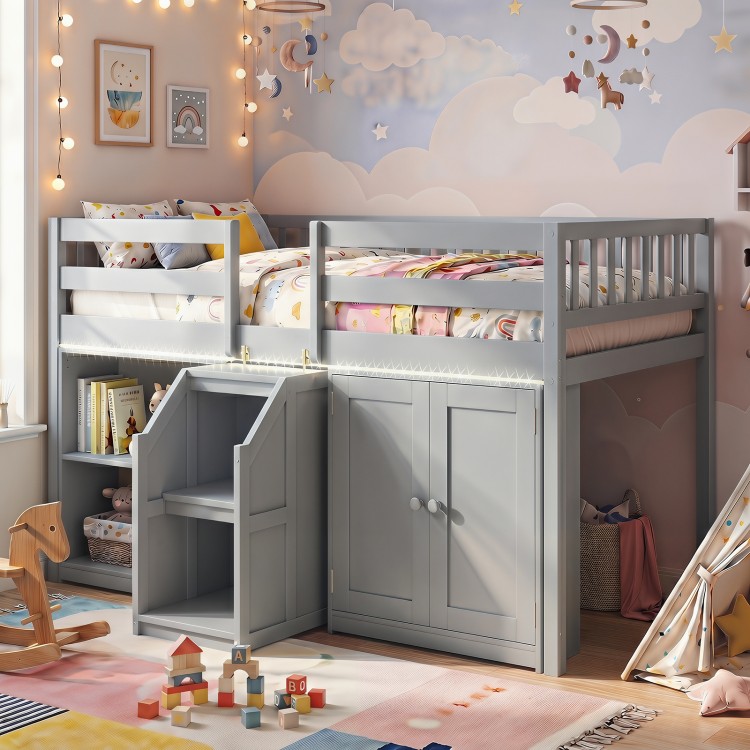 Twin size gray loft bed with LED lights, bookshelves, and wardrobe for kids' storage and play space.