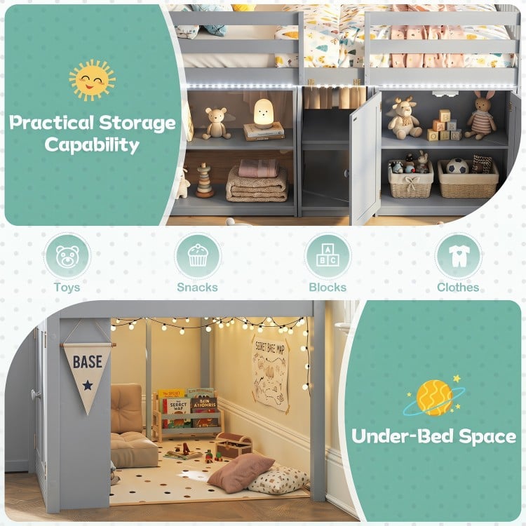 Twin size loft bed in gray with LED lights, featuring under-bed storage for toys, clothes, and a cozy play area.
