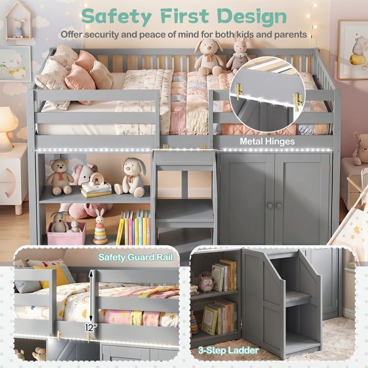 Twin size loft bed in gray with LED lights, safety guard rails, and ample under-bed storage for kids' organization.