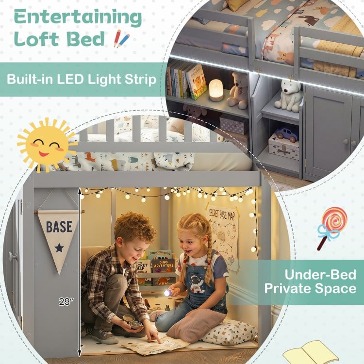 Twin size loft bed with LED lights, under-bed private space, and gray wooden frame for kids' room organization.