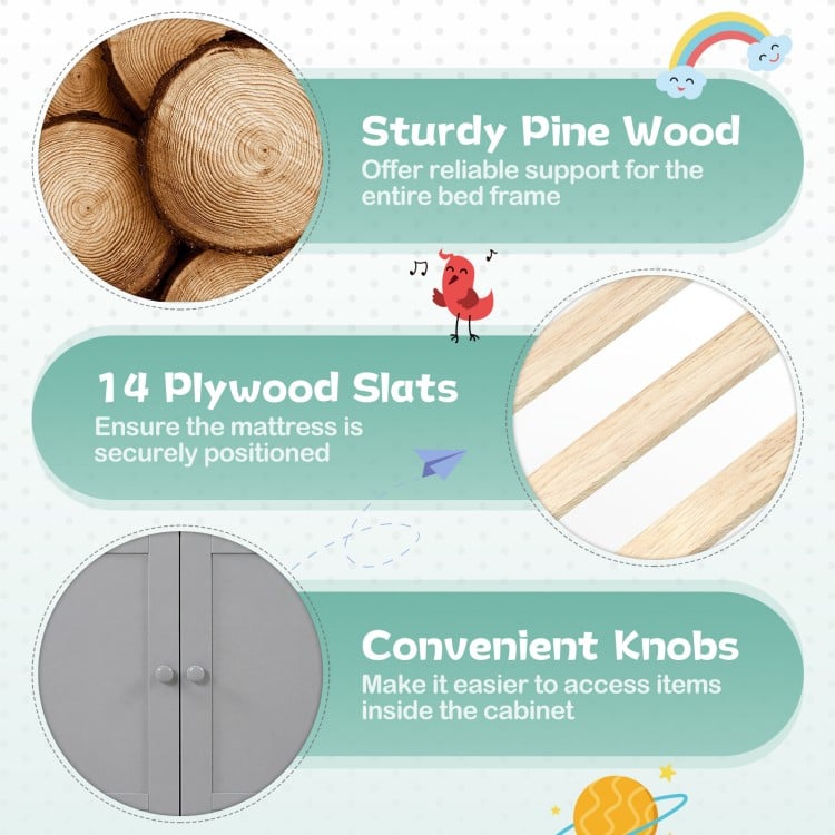 Close-up of sturdy pine wood slats for the Twin Size Loft Bed, ensuring mattress support and durability for kids' use.