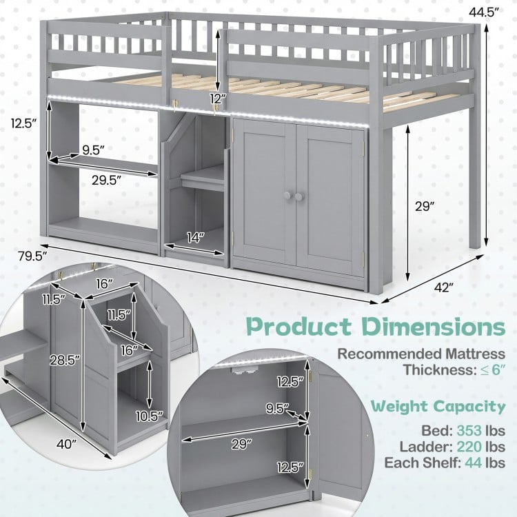 Twin size loft bed in gray with LED lights, bookshelves, and wardrobe for kids' organization and secure sleeping.