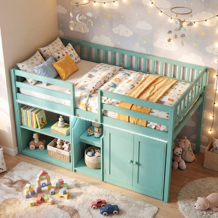 Twin size loft bed in green with LED lights, featuring bookshelves and wardrobe for kids' storage and organization.