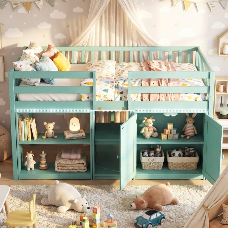 Twin size loft bed in green with LED lights, featuring under-bed storage and bookshelves for kids' organization.