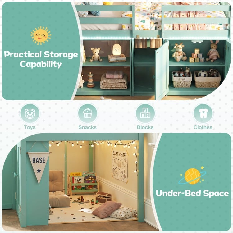 Twin size loft bed in green with LED lights, featuring under-bed storage for toys, clothes, and snacks.