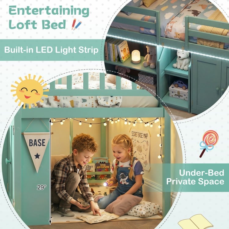Twin size loft bed in green with LED lights, featuring under-bed space for kids' secret base and storage options.