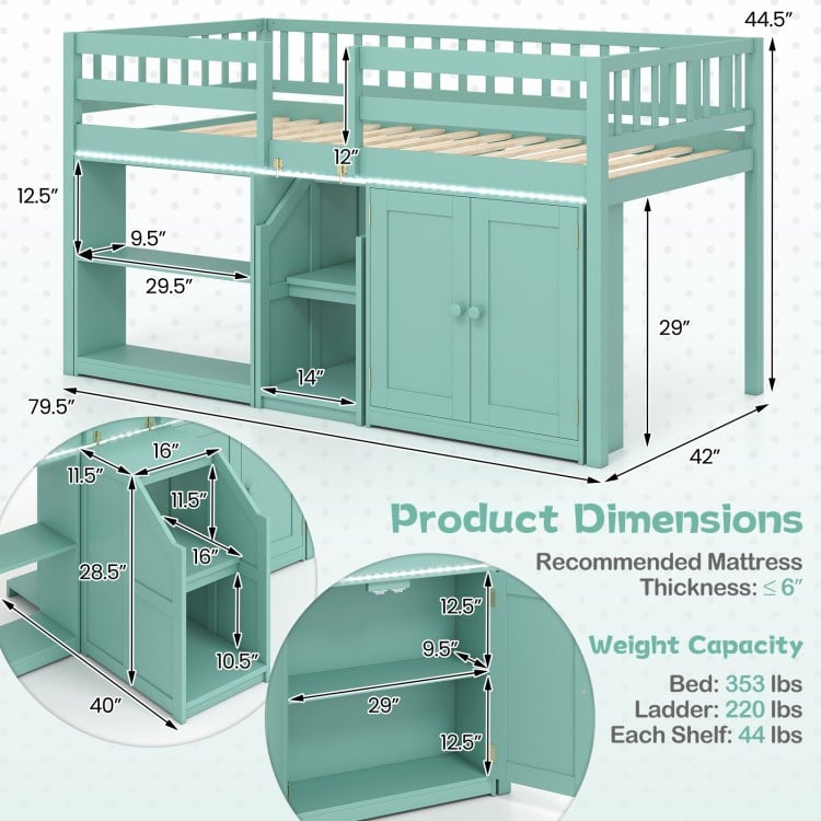 Twin size loft bed in green with LED lights, featuring bookshelves and wardrobe for kids' organization and storage.