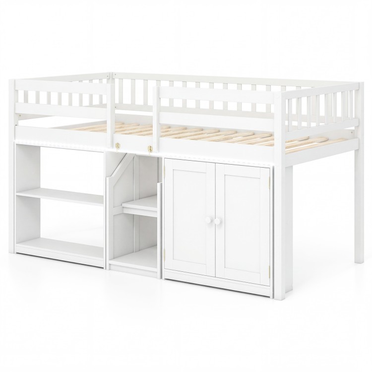 Twin size white loft bed with LED lights, guardrails, bookshelves, and wardrobe for kids' storage and play space.