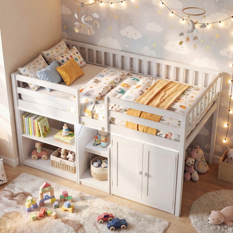 Twin size loft bed in white with LED lights, featuring under-bed storage, bookshelves, and a secure sleeping area.