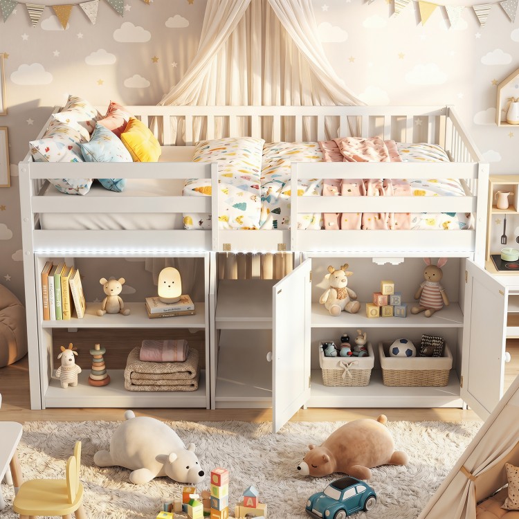 Twin size loft bed in white with wide ladder, guardrails, and ample under-bed space for kids' secret play area.