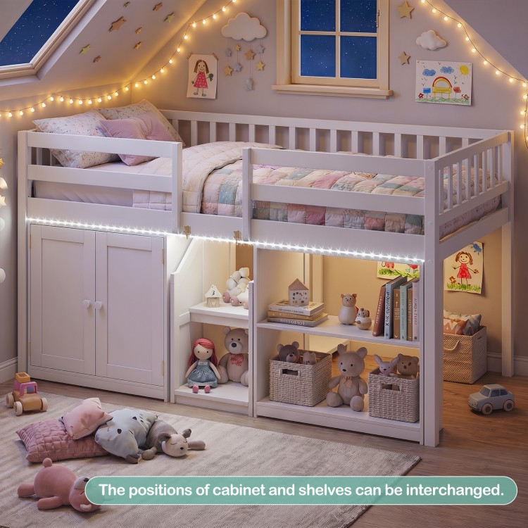 Twin size loft bed in white with LED lights, featuring under-bed storage and bookshelves for kids' organization.
