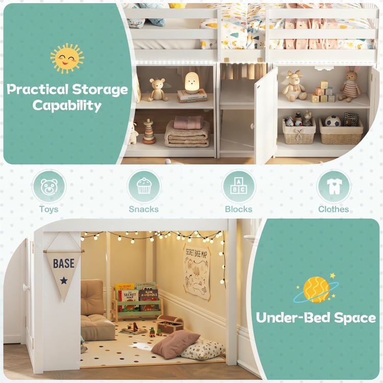Twin size loft bed with LED lights, featuring under-bed storage for toys and clothes, ideal for kids' play areas.