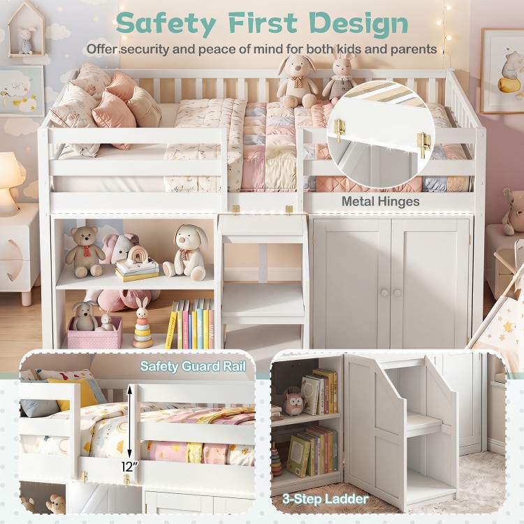 Twin size loft bed in white with LED lights, safety guard rails, and ample storage for kids' books and toys.