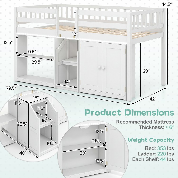 Twin size loft bed in white with LED lights, shelves, and wardrobe for kids' organization and secure sleeping.