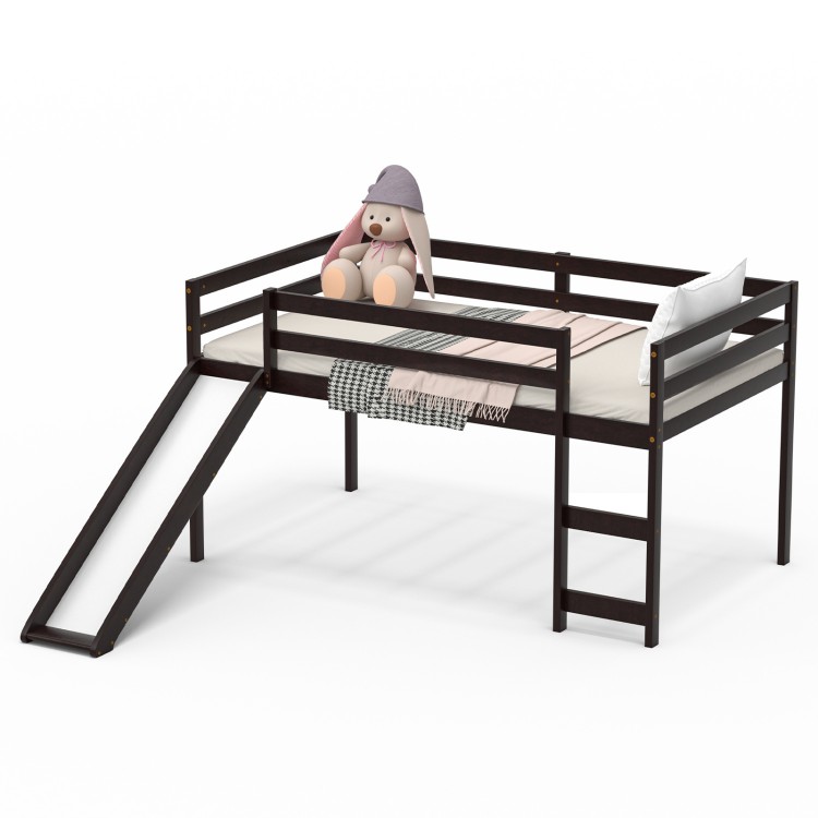 Twin size low sturdy loft bed in dark brown with slide, ladder, and guardrails, perfect for children's safety and play.