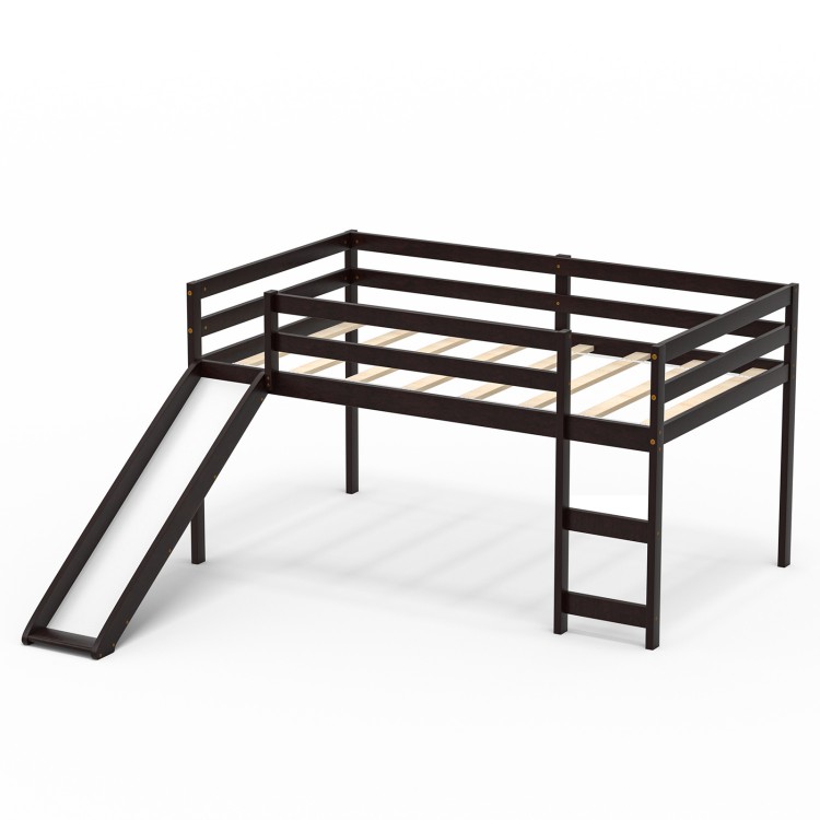 Twin size low sturdy loft bed in dark brown with slide, made of durable wood and chipboard, ideal for children's safety and play.