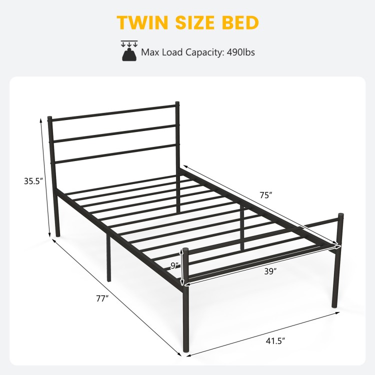 Twin size metal bed frame in black features a simple design, sturdy steel construction, and a high load capacity of 490 lbs.