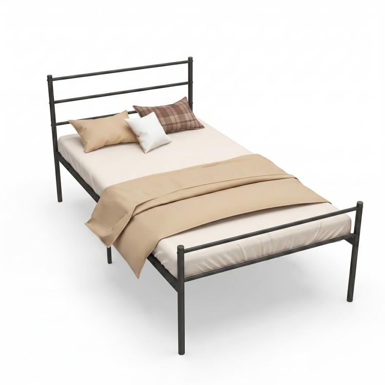 Twin size black metal bed frame with headboard, featuring sturdy steel construction and 12” under-bed storage space.