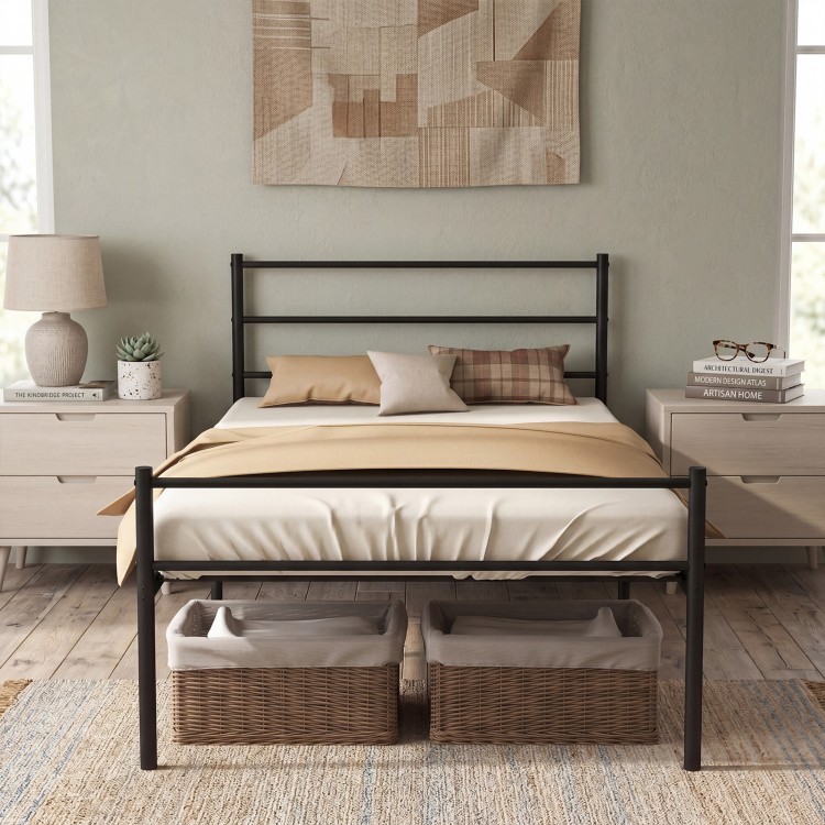 Twin size black metal bed frame with a modern headboard, designed for sturdy support and easy mattress compatibility.