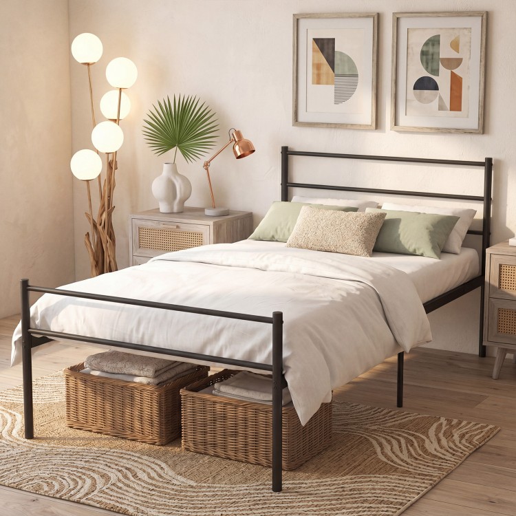 Twin size black metal bed frame with a sleek headboard, featuring a durable steel design and ample under-bed storage.