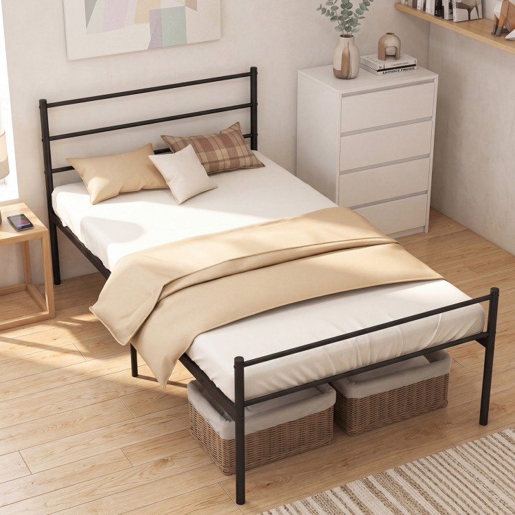 Twin size metal bed frame in black, featuring a modern design and robust steel structure, perfect for various mattress types.