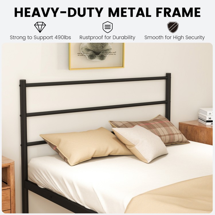Twin size black metal bed frame with headboard, sturdy steel construction, and 12" under-bed storage for organization.